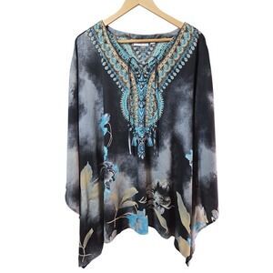 Belle by Kim Gravel Womens 3X Floral Kaftan Top Black Turquoise Boho Poncho-like